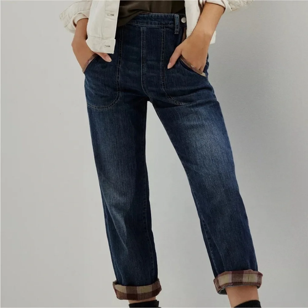 NWOT Anthropologie Pilcro Hi-Rise Plaid Trimmed Cropped Boyfriend Jeans - Picture 2 of 14